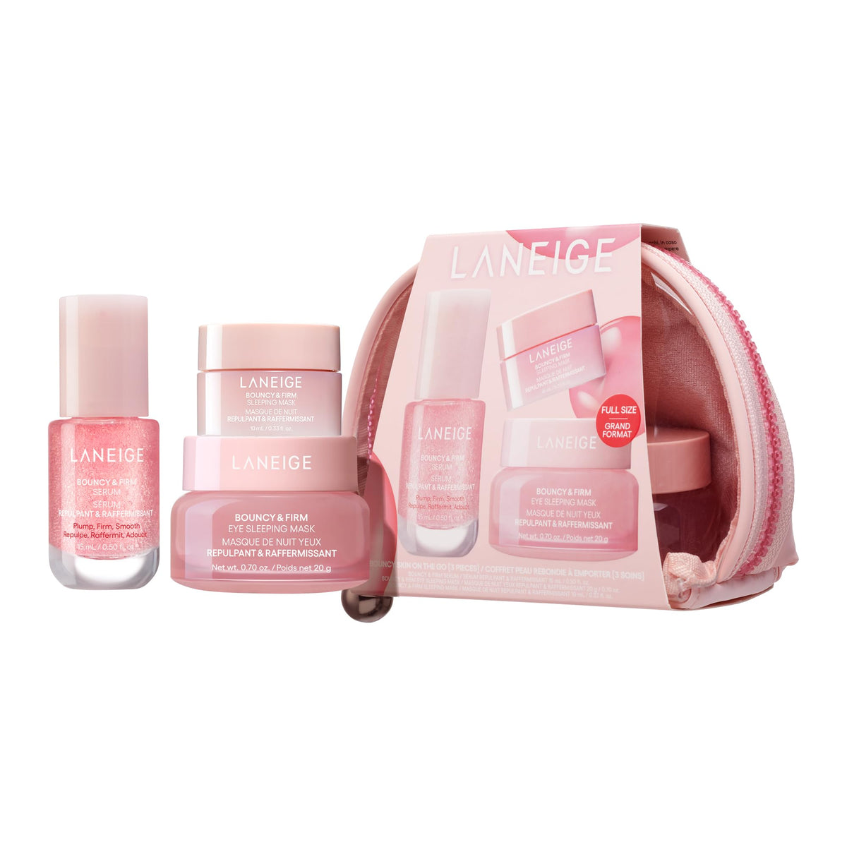 LANEIGE front packaging of the set showing compact travel trio and pouch, perfect for travel