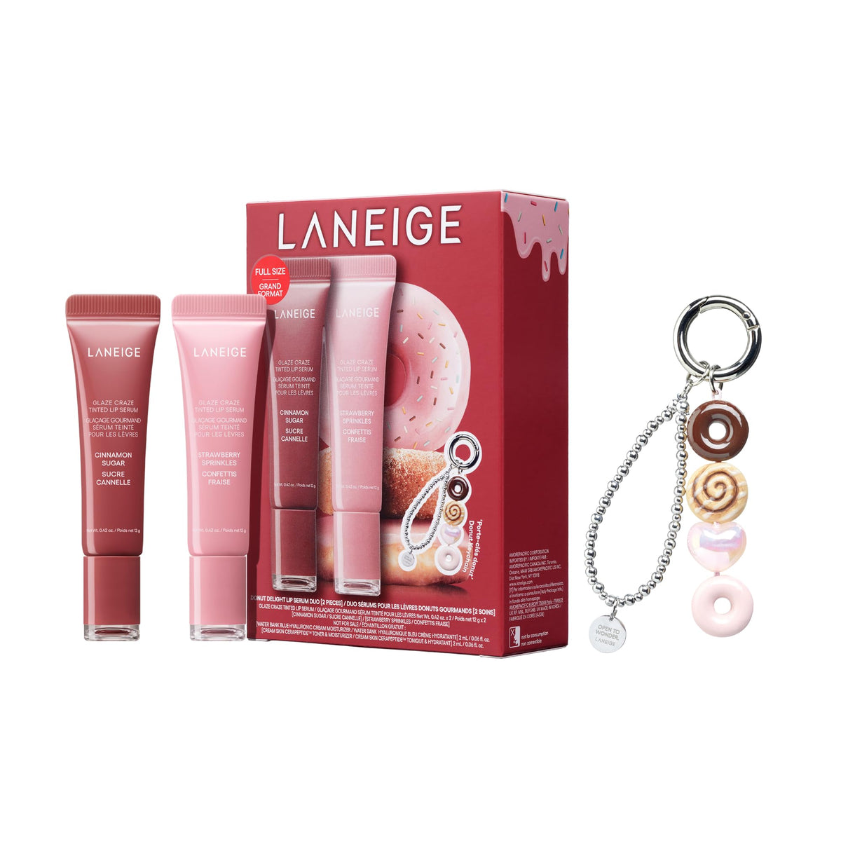 LANEIGE front packaging showing duo set and donut keychain for gift appeal