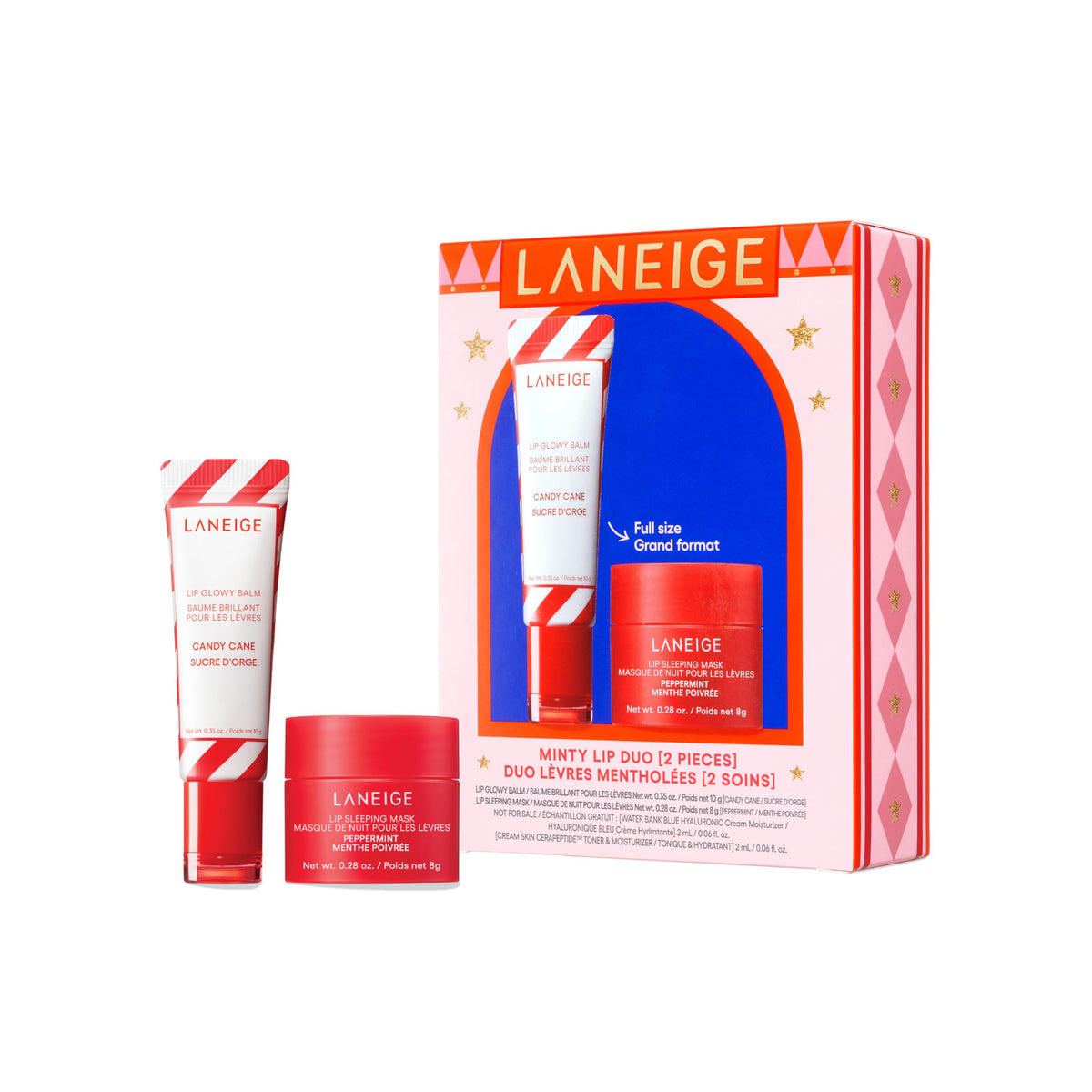 LANEIGE minty lip duo front packaging shows both products and holiday design, clear gift-ready presentation