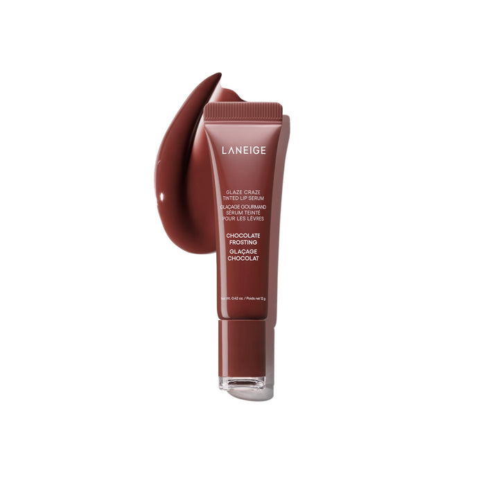 LANEIGE front packaging showing Chocolate Frosting and glossy finish benefit