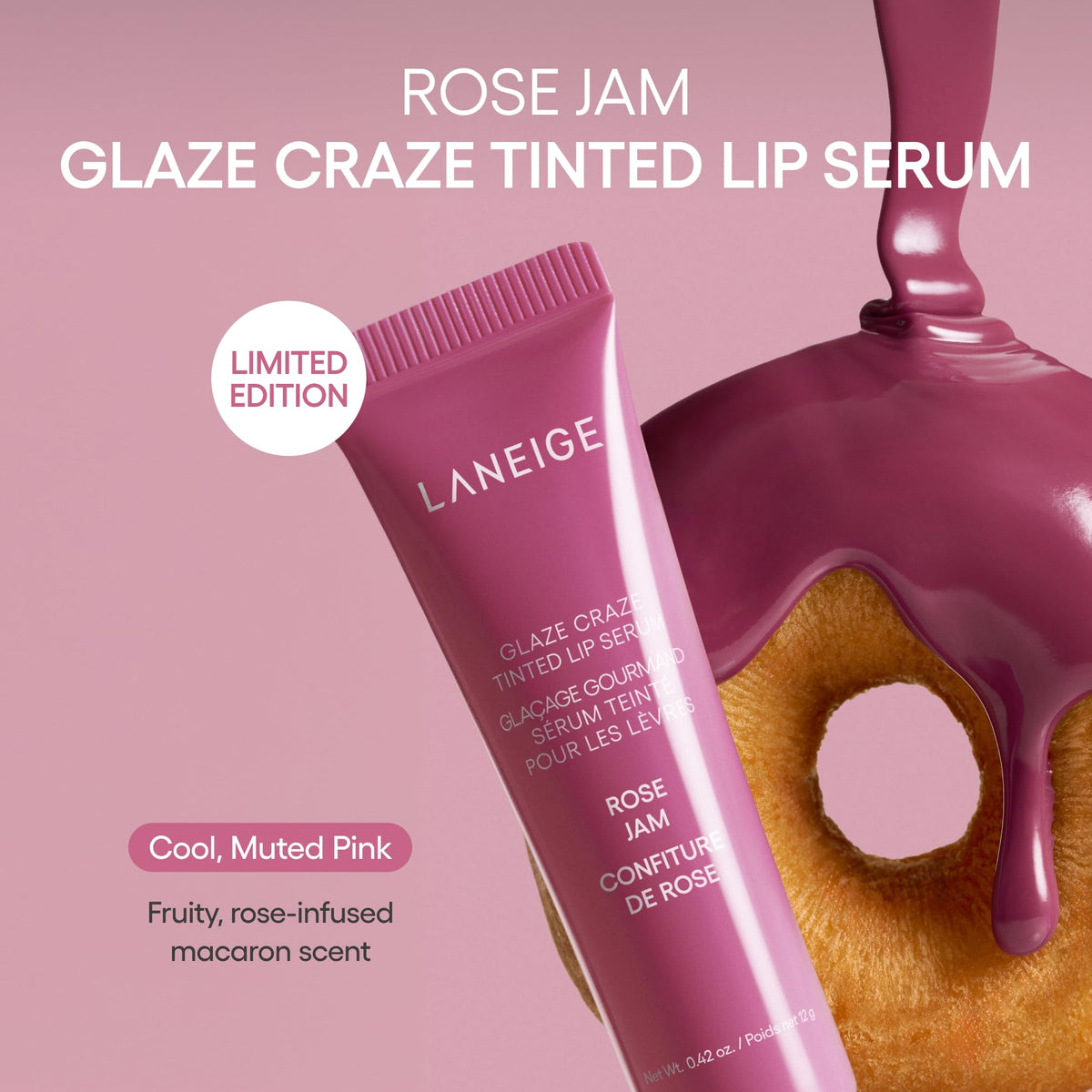 LANEIGE closeup on lips wearing Rose Jam for buildable shine and nourished look benefit