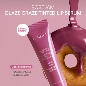 LANEIGE closeup on lips wearing Rose Jam for buildable shine and nourished look benefit