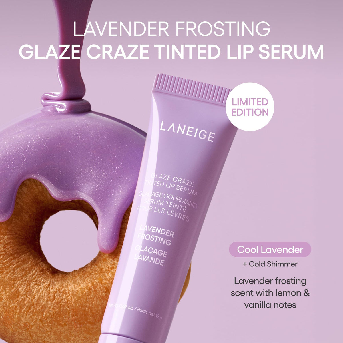 LANEIGE product packaging label close-up showing shade name and limited-edition detail benefit