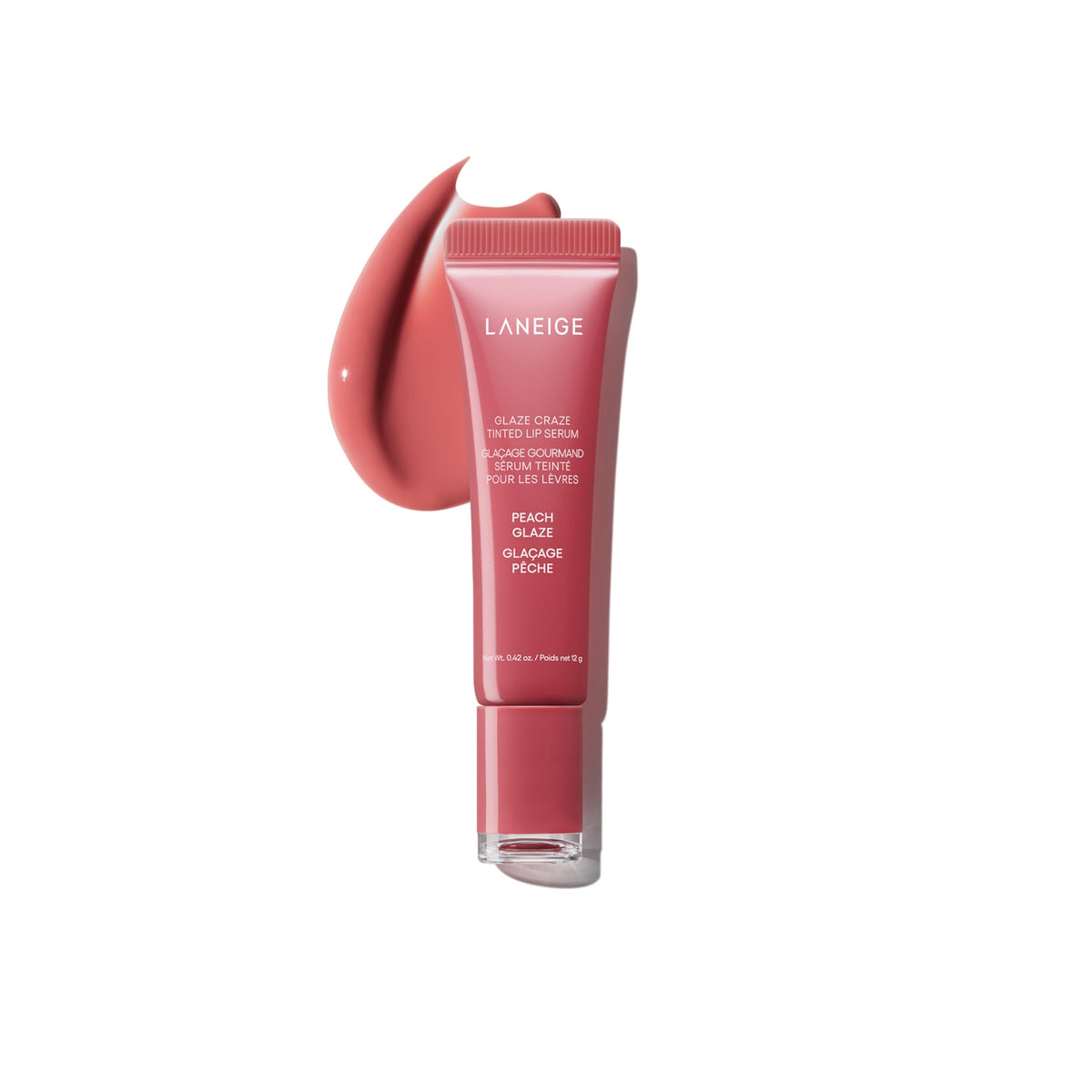 LANEIGE front packaging showing Peach Glaze shade and glossy finish benefit