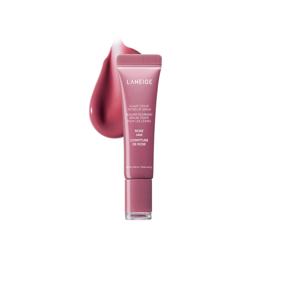 LANEIGE front view of Rose Jam tinted lip serum showing glossy tube and shade benefit