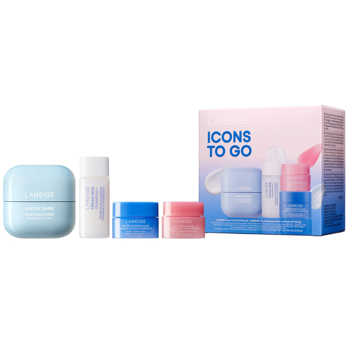 LANEIGE front packaging of Icons To Go set showing four mini products and branding, convenient for travel