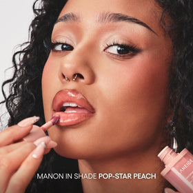 LANEIGE before-and-after lips showing buildable peach color and hydrated look
