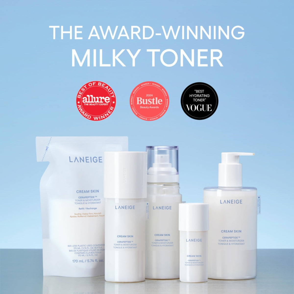 LANEIGE lifestyle bag and skincare shot demonstrating on-the-go hydration and barrier support