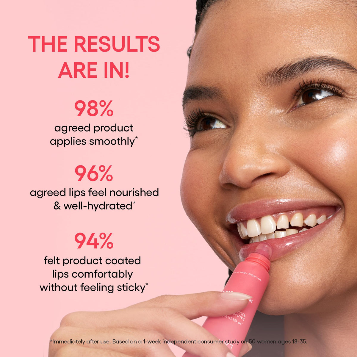 LANEIGE balm applied on lips demonstrating natural grapefruit tint and hydrated look