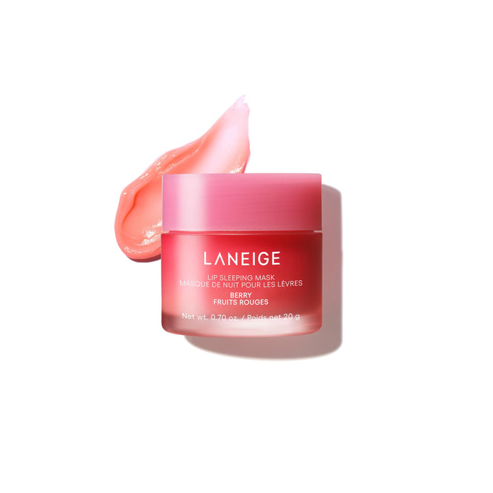 LANEIGE front jar showing berry lip mask, hydrates lips overnight