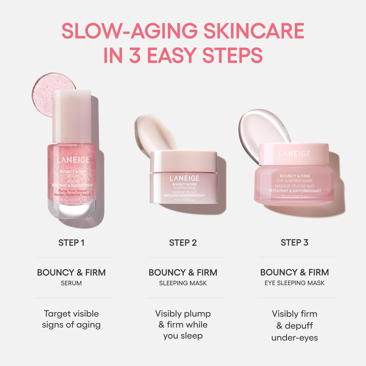 LANEIGE Bouncy & Firm Sleeping Mask jar top view showing rich texture for overnight renewal