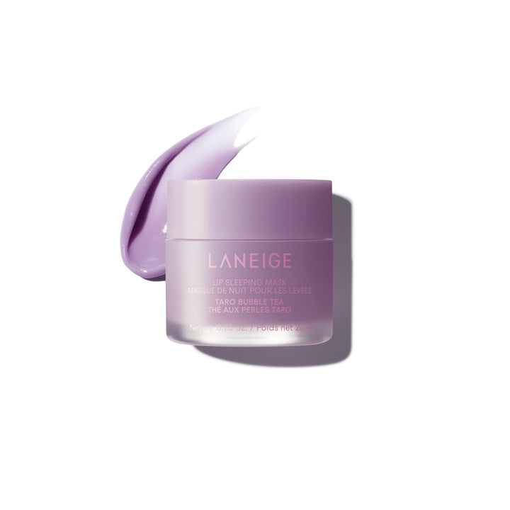 LANEIGE front jar showing taro bubble tea label and hydration benefit