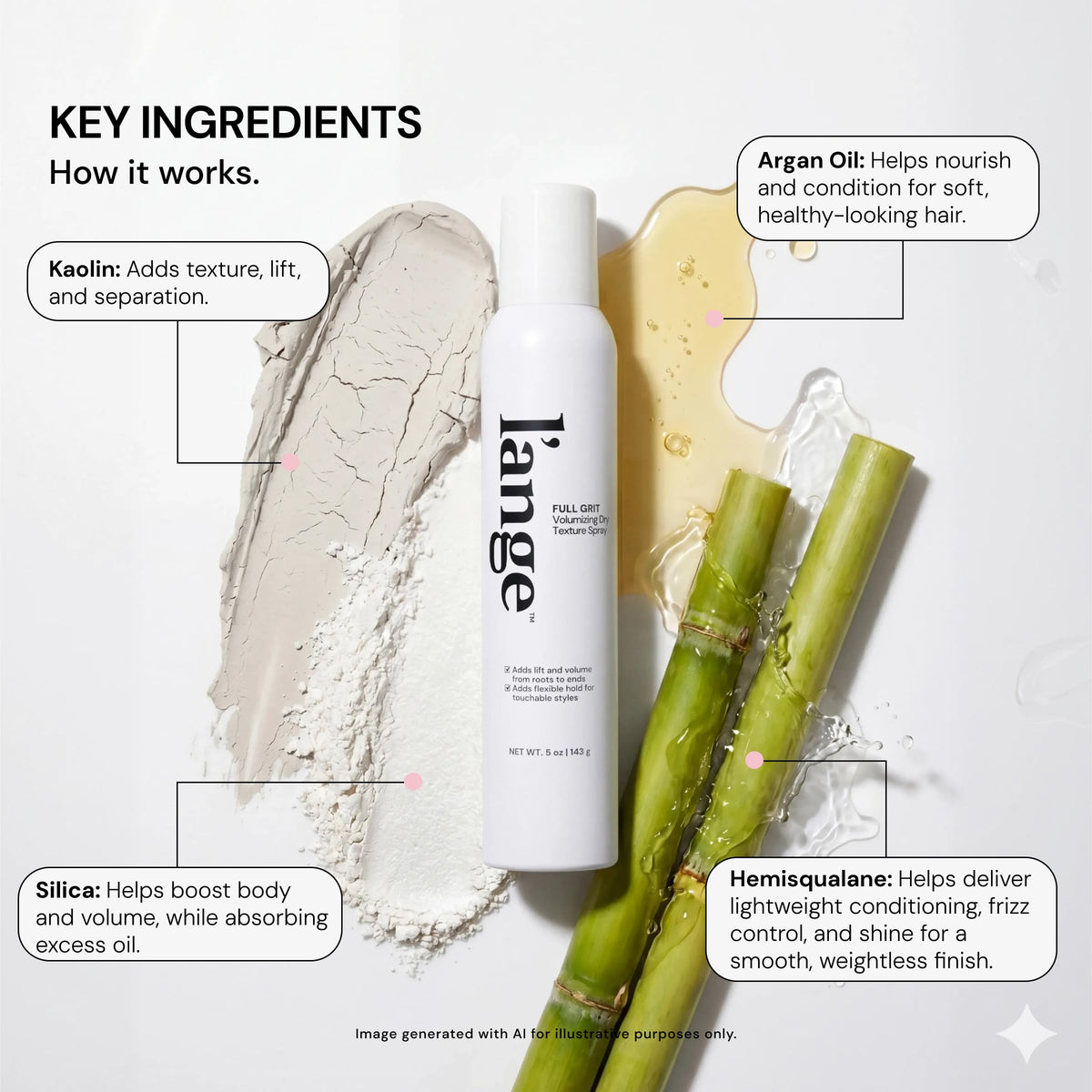 L'ANGE HAIR ingredient close-up highlighting kaolin and silica texture