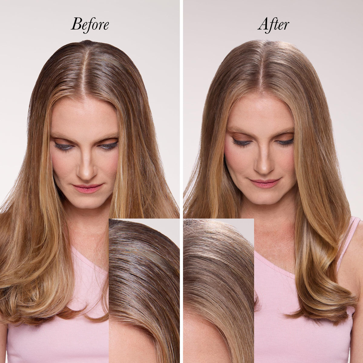 L'ANGE HAIR texture demonstration at roots, shows instant volume and grip benefit