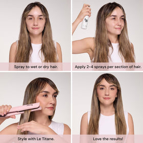 L'ANGE HAIR spray applied to dry hair before heat styling for protection benefit