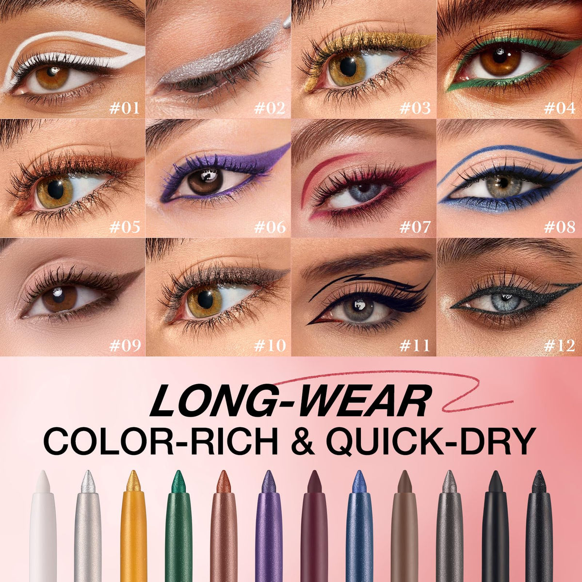 LANGMANNI swatches of 12 shades demonstrating pigments and finish diversity