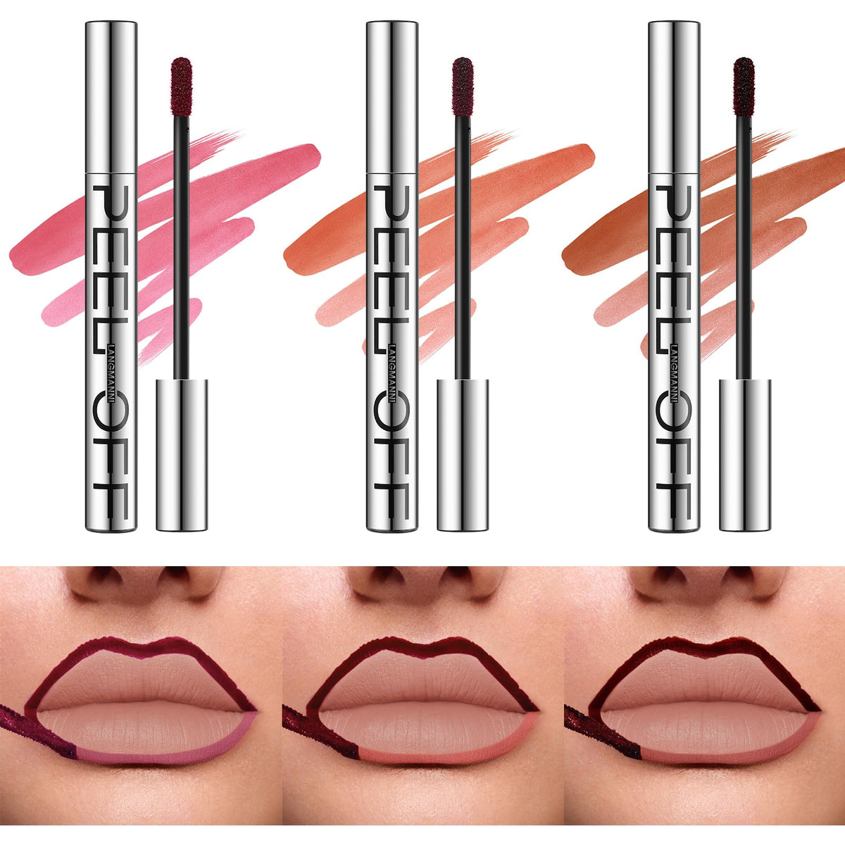 LANGMANNI front packaging showcasing three peel-off lip liners and benefits