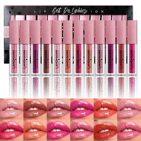 LANGMANNI front view of 12-piece gloss set shows color variety and portability