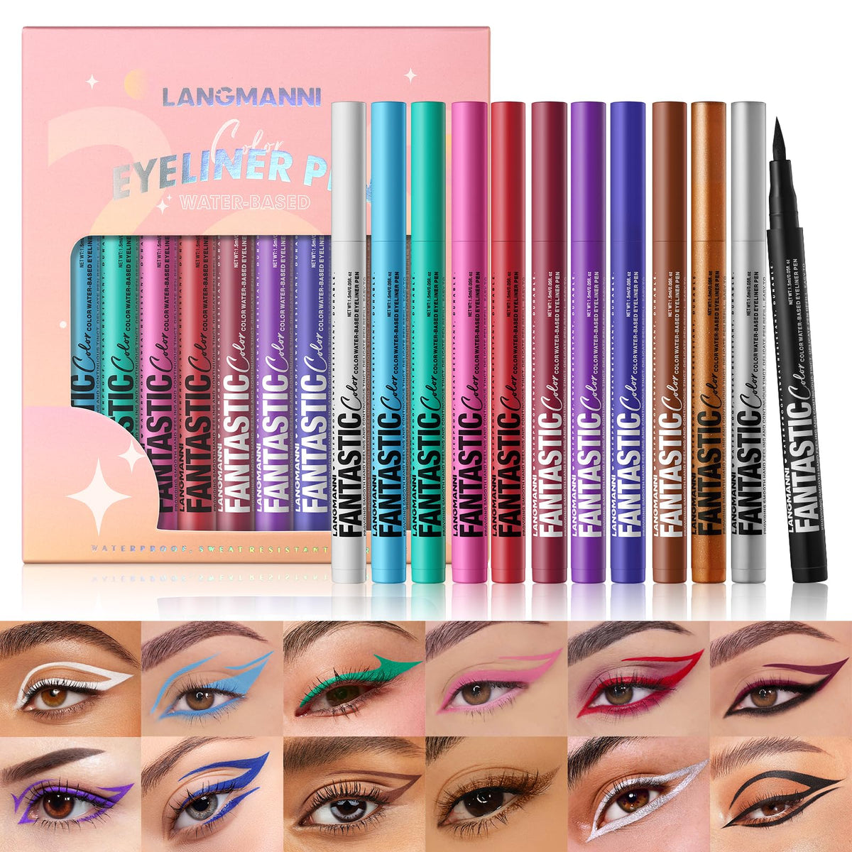 LANGMANNI front packaging showing colorful eyeliner set and gift-ready box