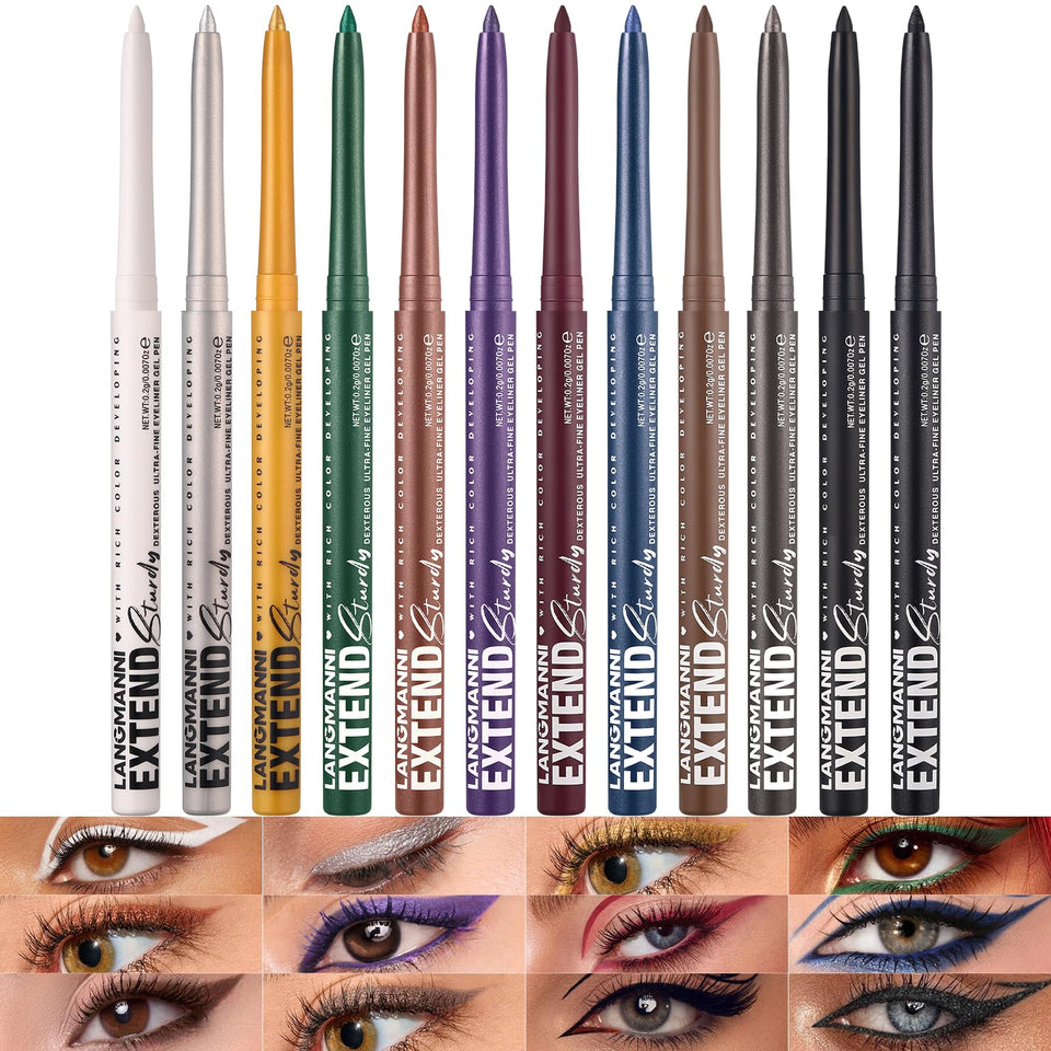 LANGMANNI front display of 12 colorful eyeliner pencils showing variety and convenience