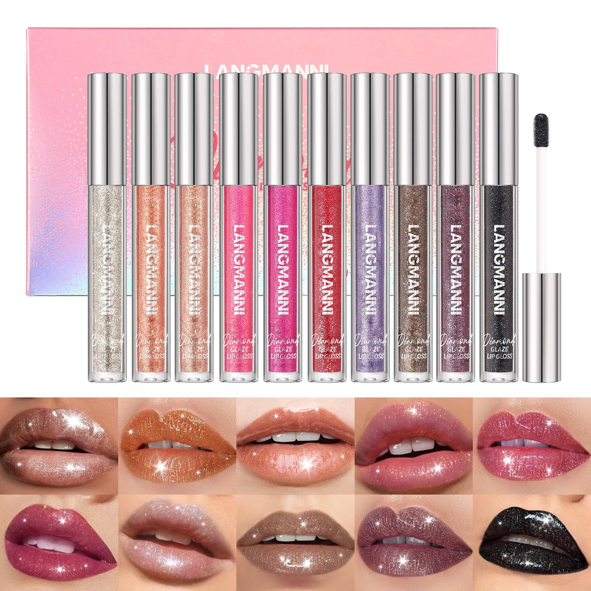 LANGMANNI front row open packaging showing ten glitter glosses and variety