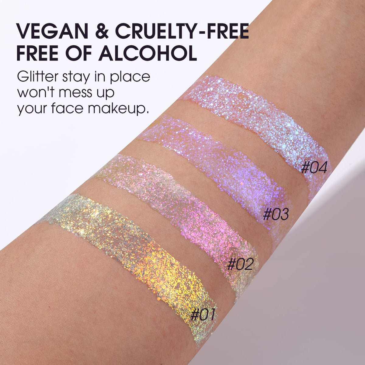 LANGMANNI texture closeup showing glitter particles and smooth gel for minimal fallout
