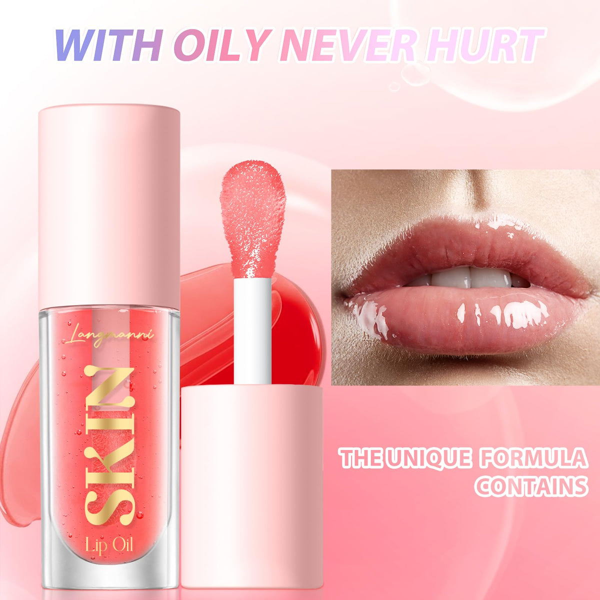 LANGMANNI lip oil on lips showing glossy shine and softened lip appearance