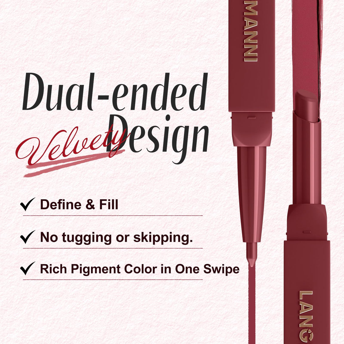 LANGMANNI texture swatch on skin demonstrating velvet matte finish and true-to-tone payoff