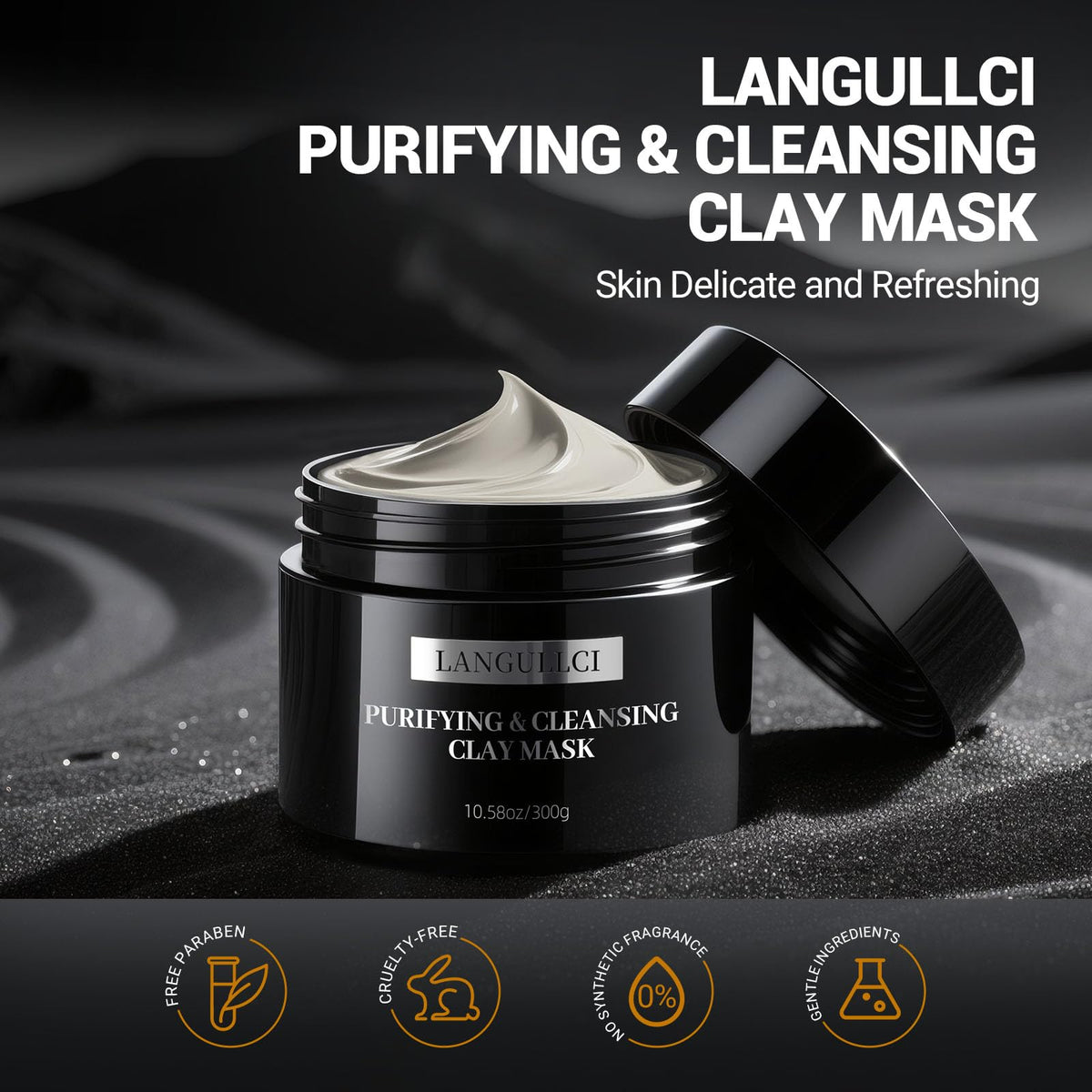 LANGULLCI open jar close-up of smooth mud texture for gentle exfoliation