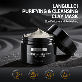 LANGULLCI open jar close-up of smooth mud texture for gentle exfoliation