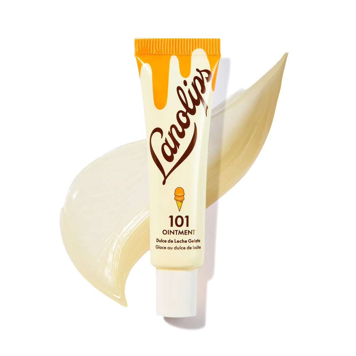 Lanolips front pot showing dulce de leche label and compact size benefit