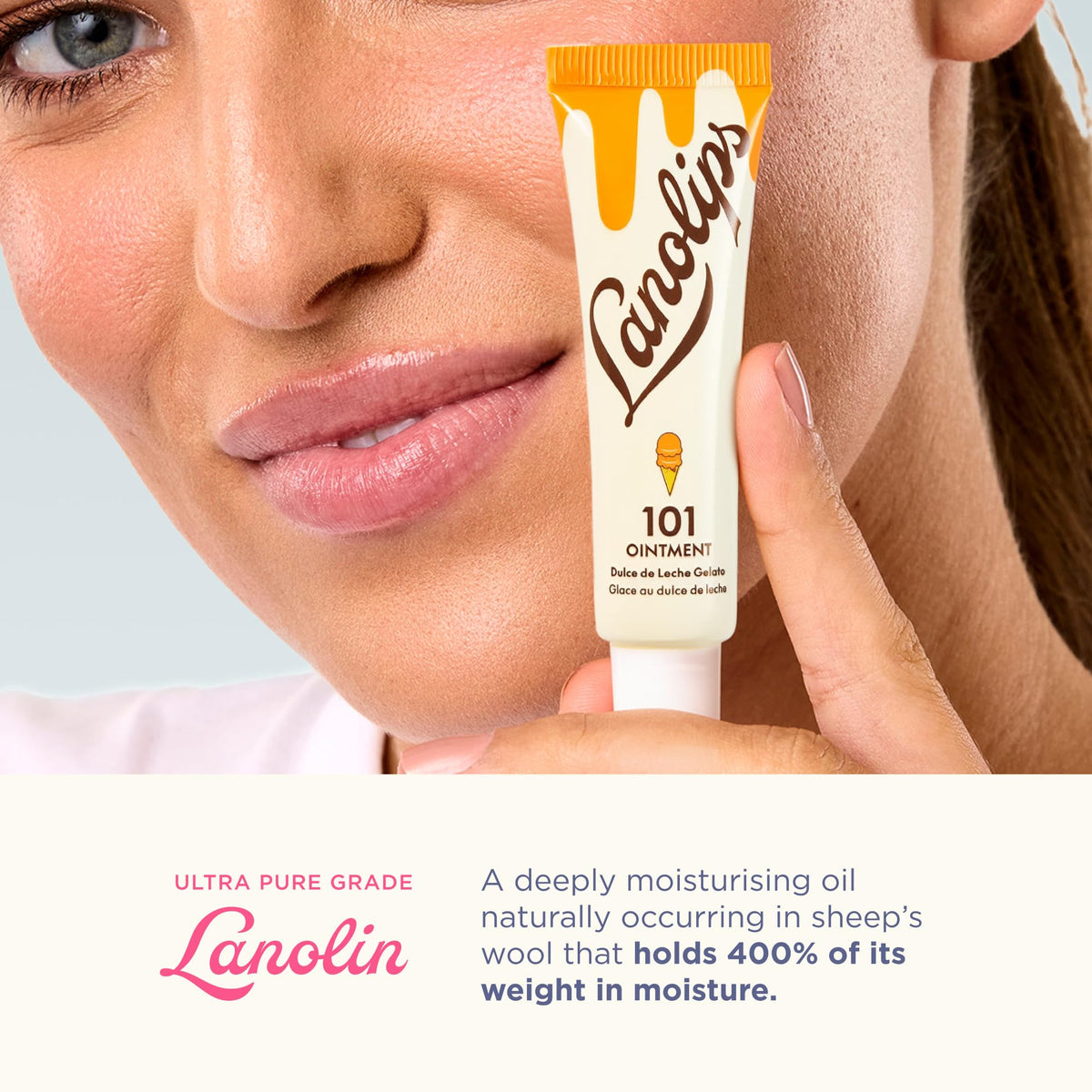 Lanolips being applied to lips demonstrating smooth non-greasy protection