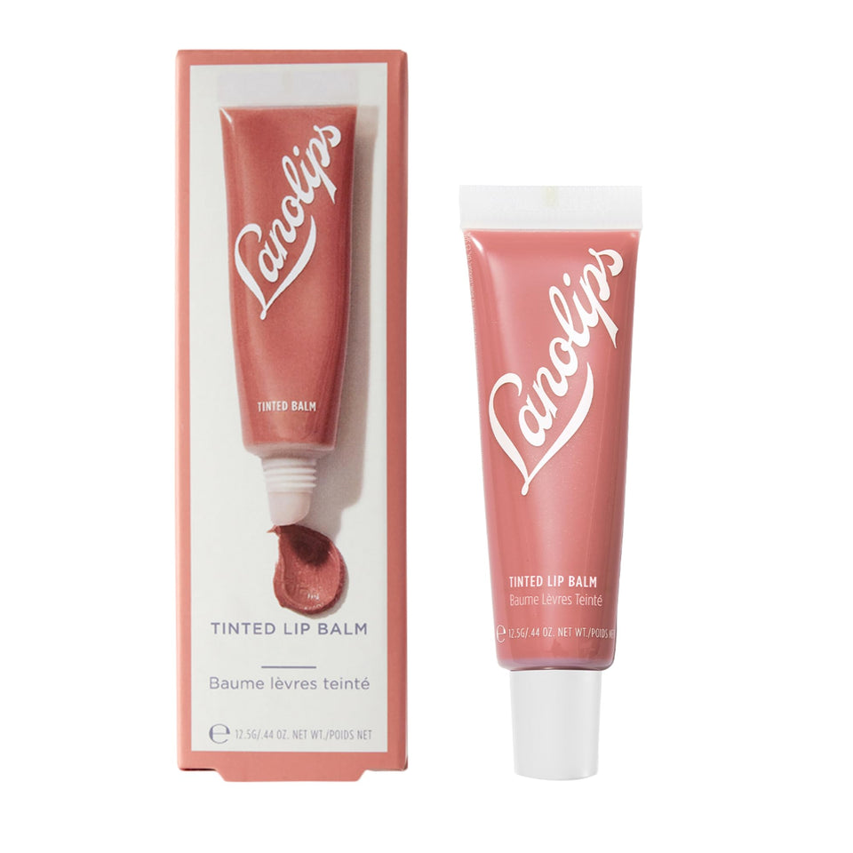 Lanolips front view of tinted lip balm showing compact nude packaging and quick color