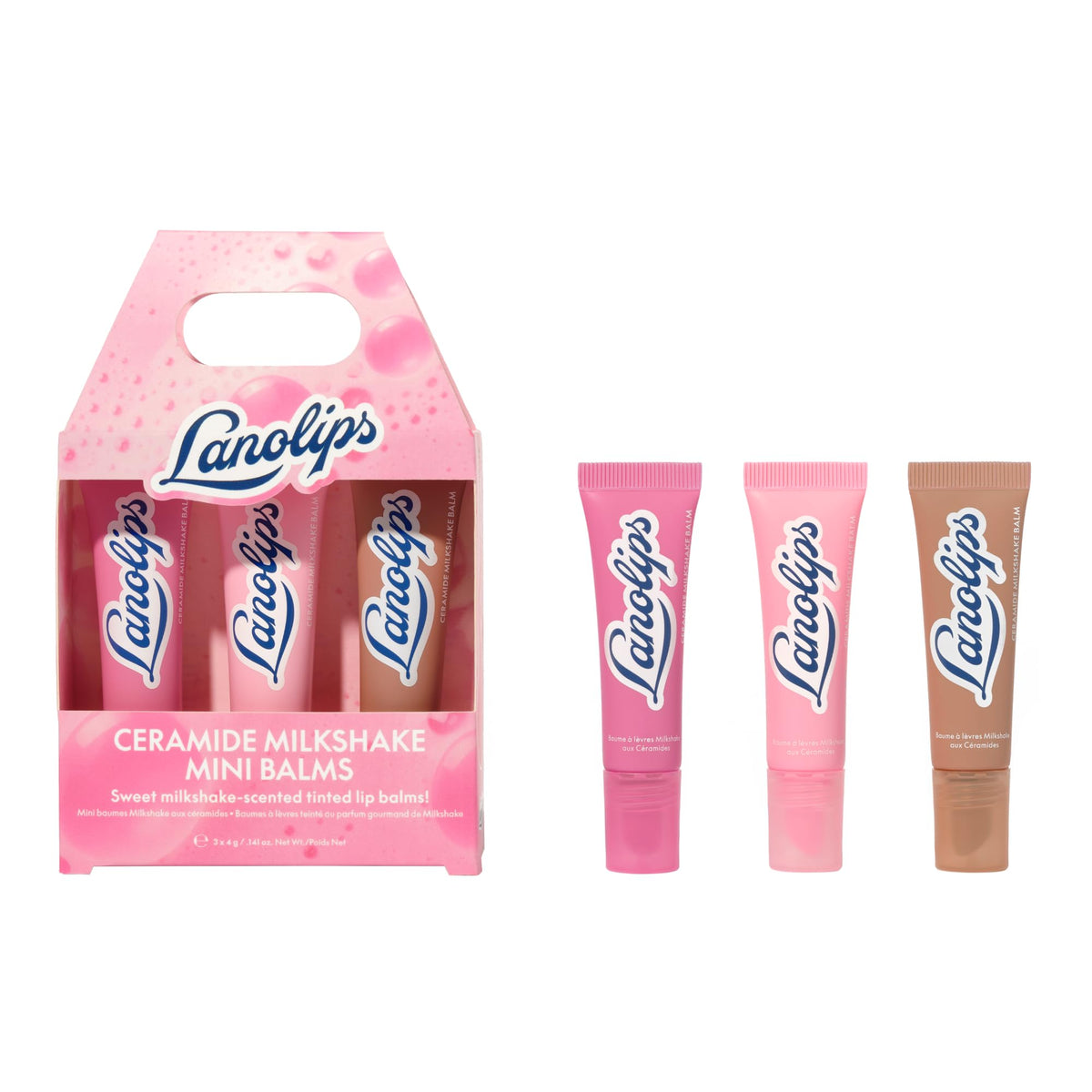 Lanolips trio front packaging showing three mini tinted balms and gift-ready arrangement