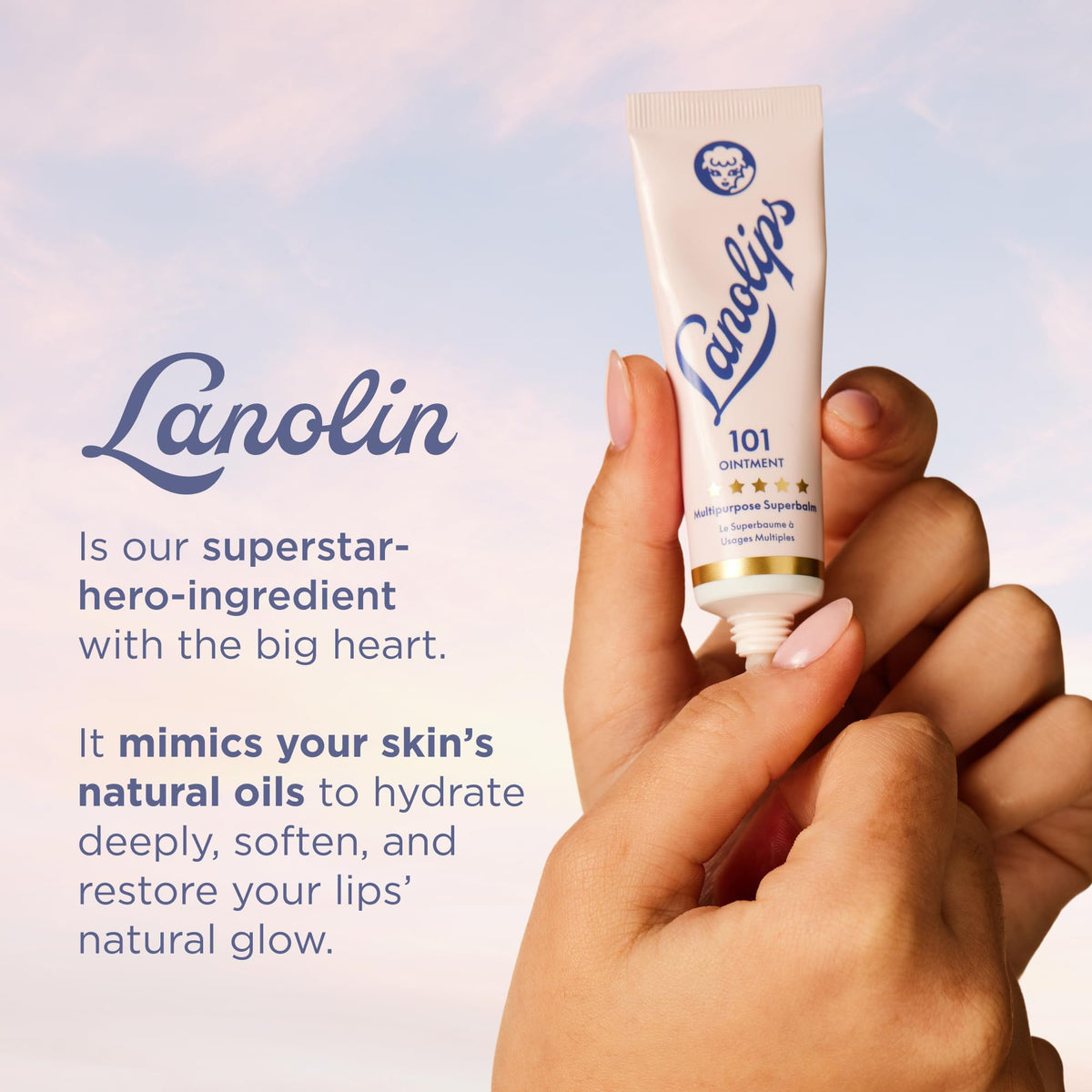 Lanolips being applied to lips showing soothing repair and everyday use