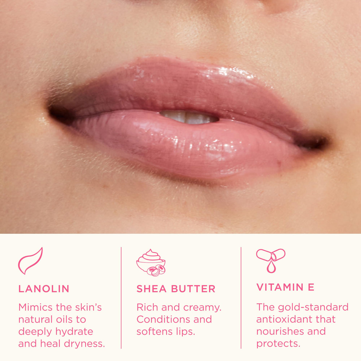 Lanolips Rose applied on lips for natural color and moisturized appearance