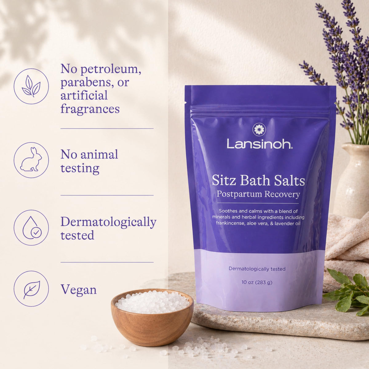 Lansinoh pouch in a bathroom setting indicating easy self-care use