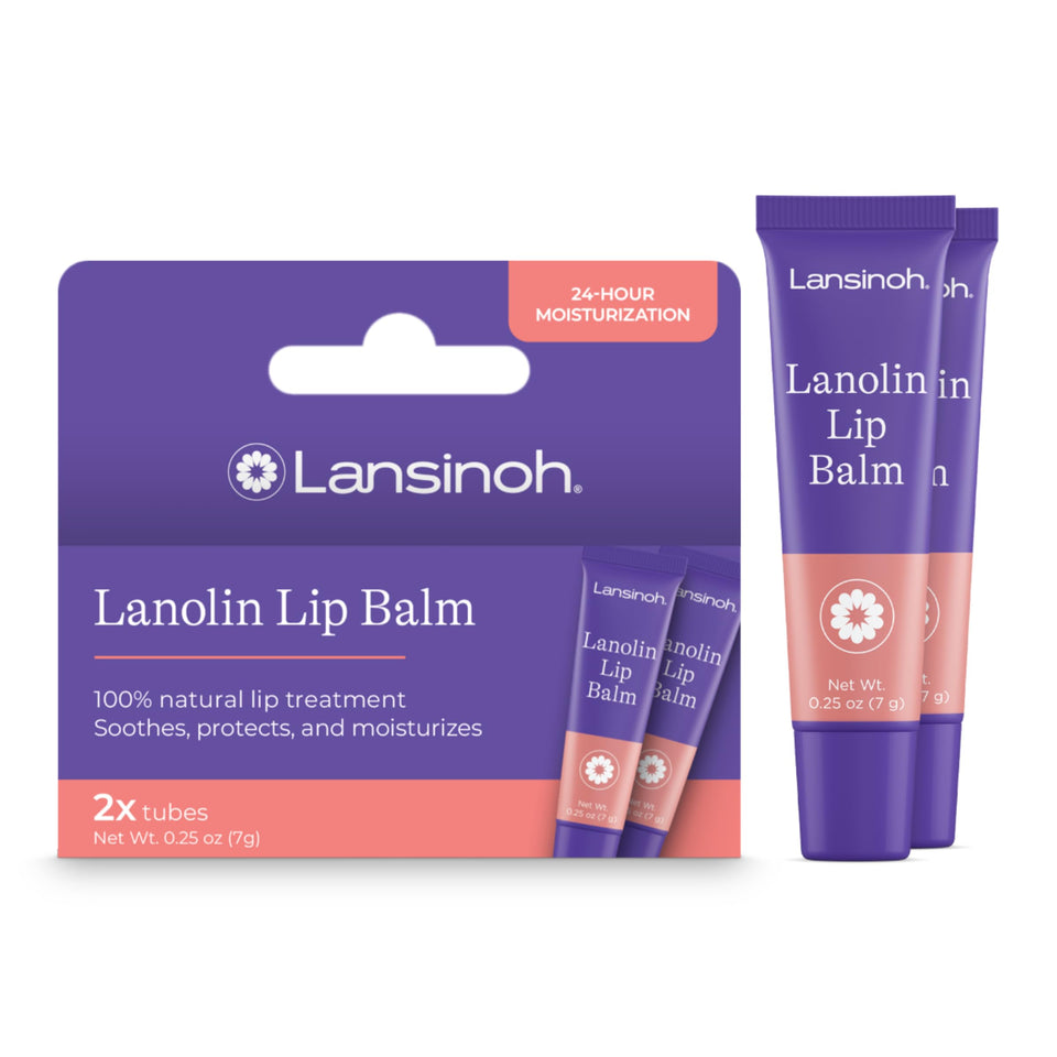 Lansinoh front packaging showing two lip balm tubes and benefits