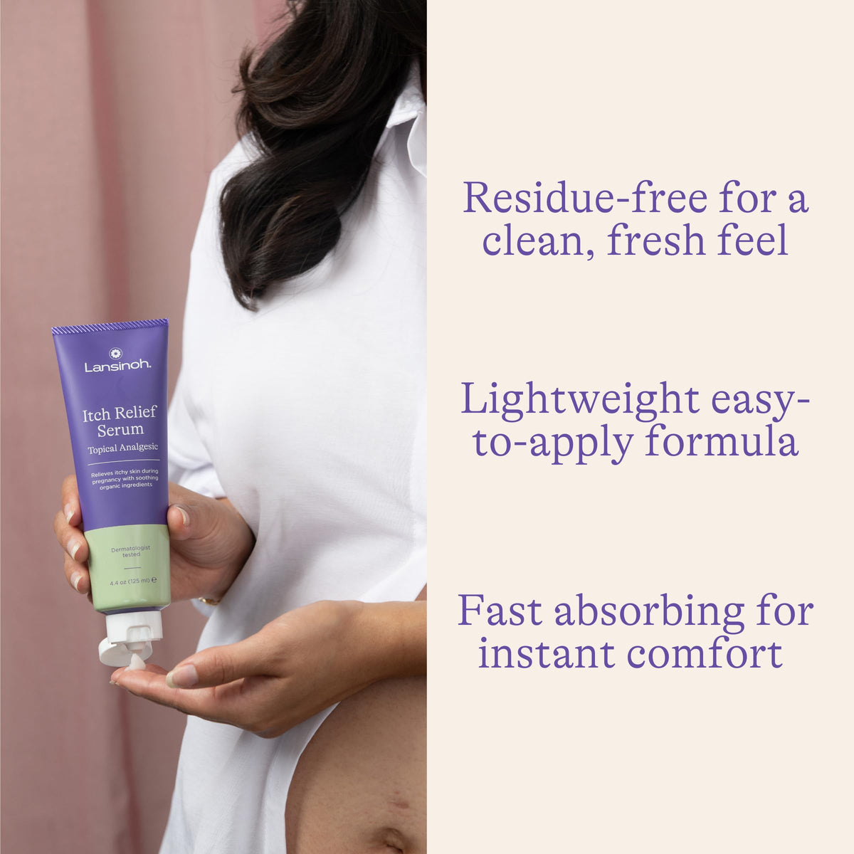 Lansinoh bottle in palm showing 4.4 oz size for travel convenience