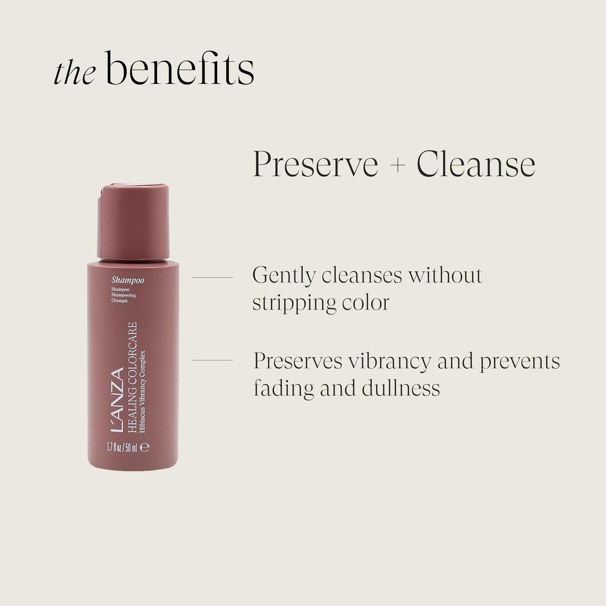 L’ANZA color-preserving shampoo bottle close-up highlighting gentle cleansing