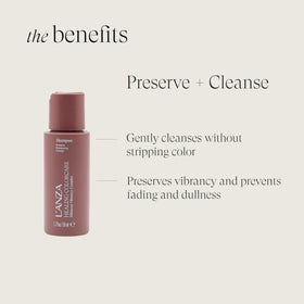 L’ANZA color-preserving shampoo bottle close-up highlighting gentle cleansing