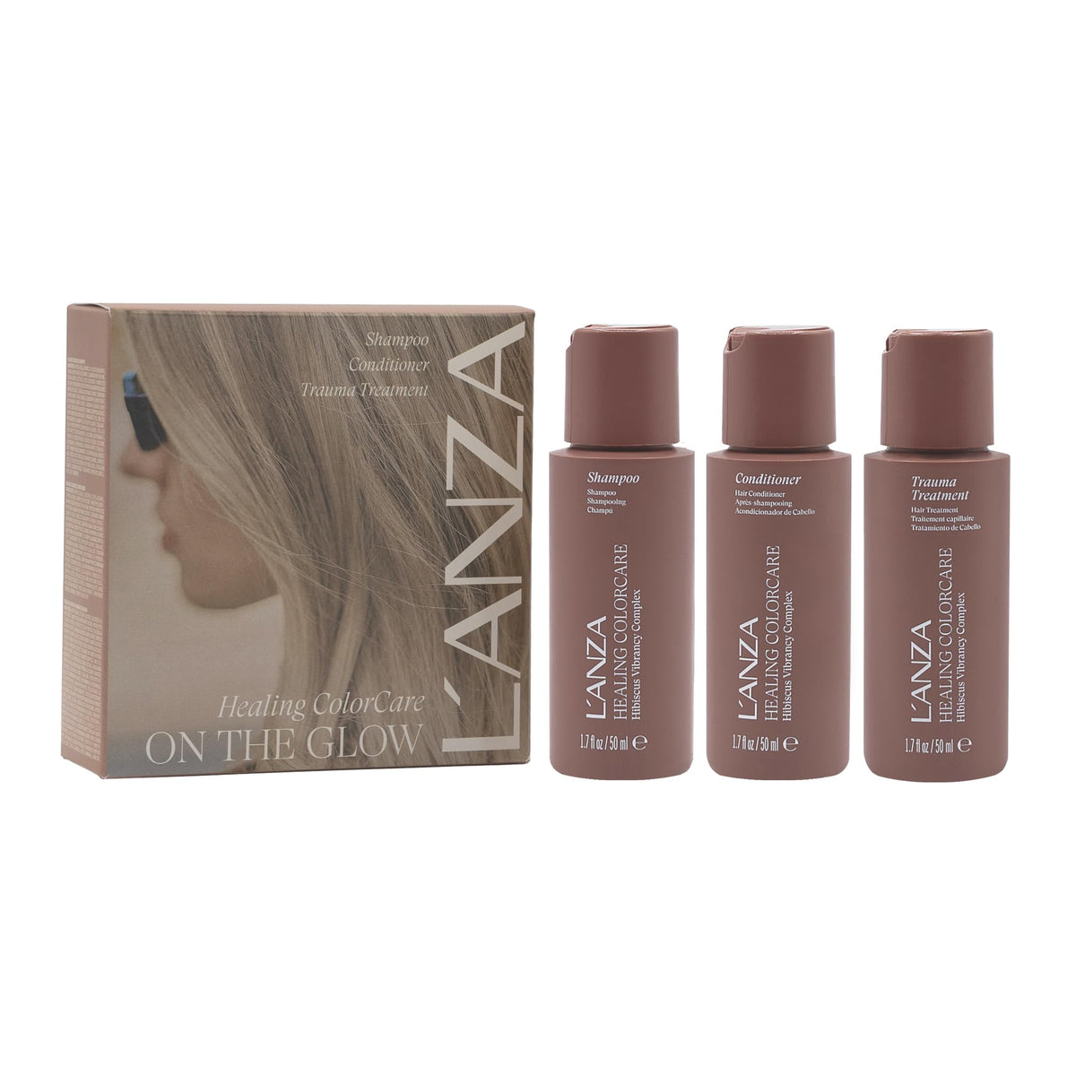 L’ANZA healing colorcare mini kit front packaging showing trio travel benefit
