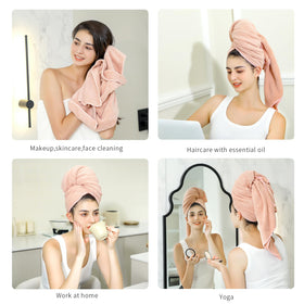 Laojbaba towel wrapped on model secures hair hands-free and reduces frizz