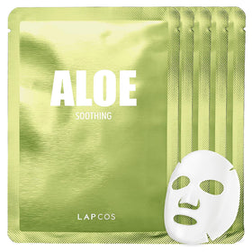 LAPCOS front packaging of five aloe sheet masks showing calming hydration benefit