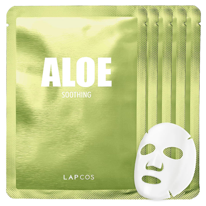 LAPCOS front packaging of five aloe sheet masks showing calming hydration benefit