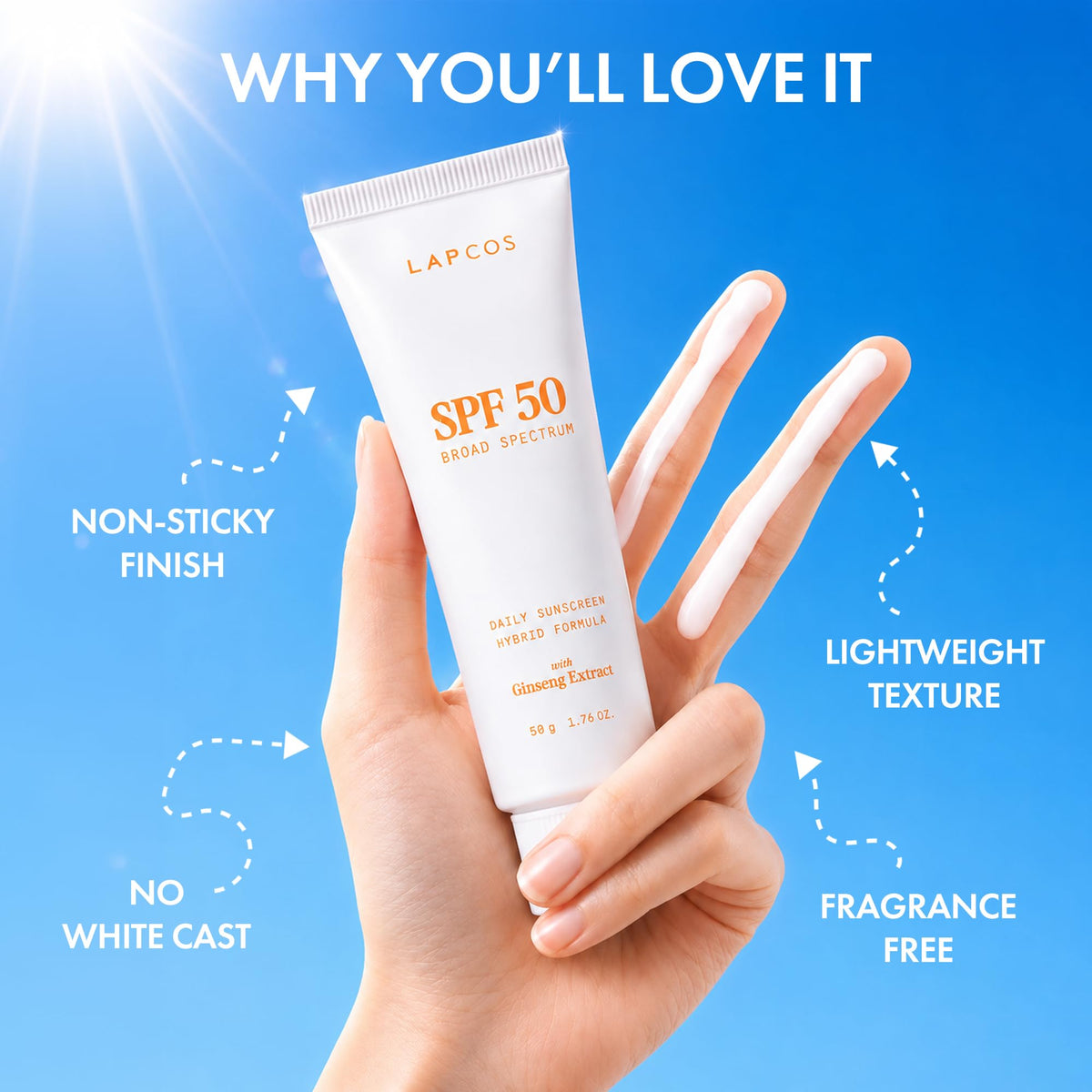 LAPCOS sunscreen spread on hand highlighting easy application