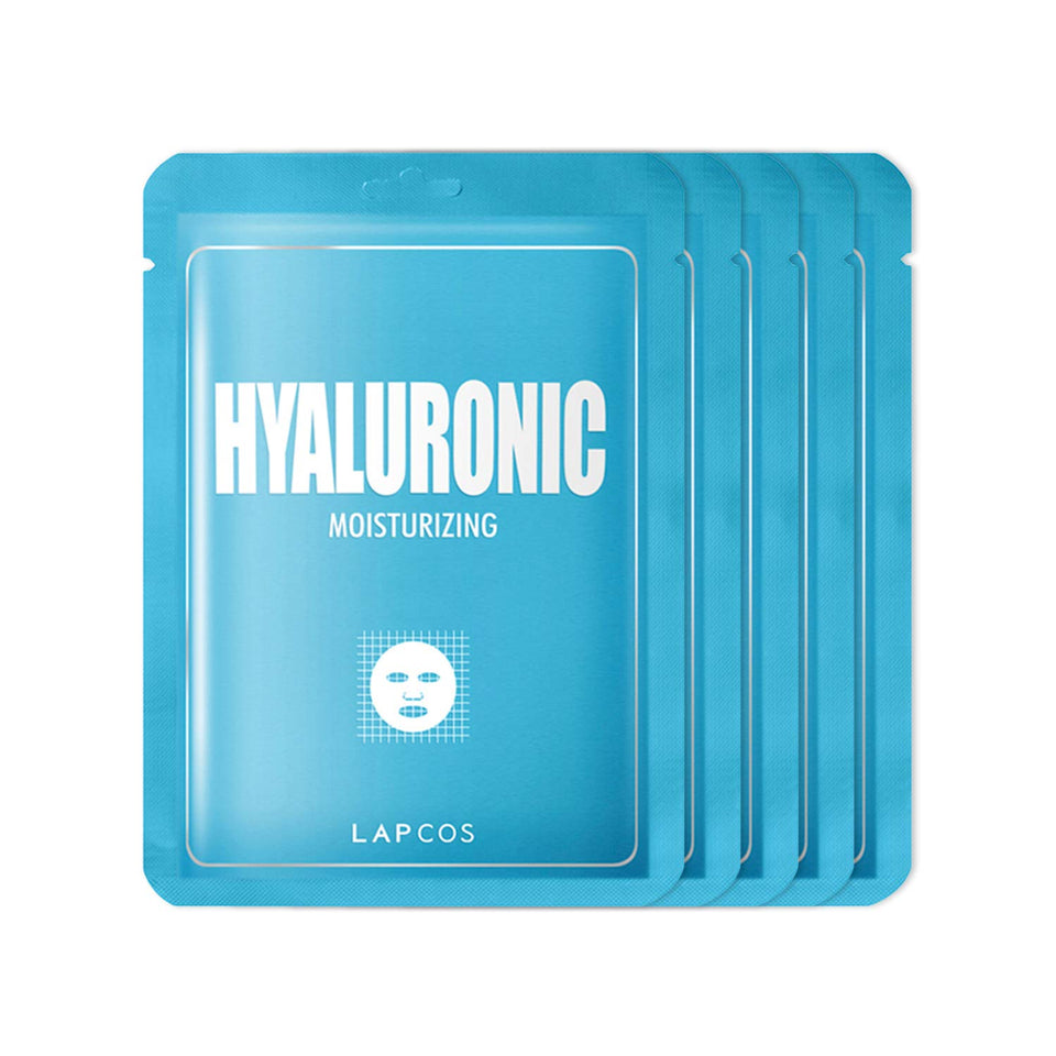 LAPCOS front packaging showing five hydrating hyaluronic sheet masks and product name