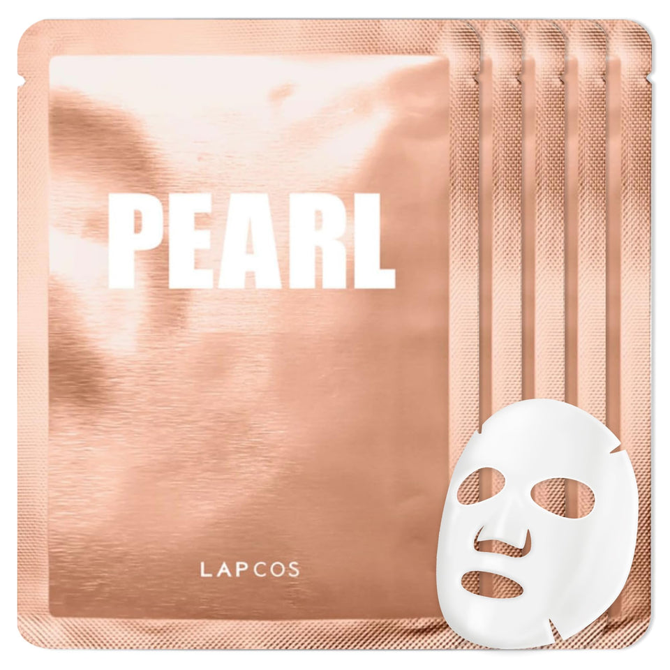 LAPCOS front packaging showing five pearl sheet masks and product benefit