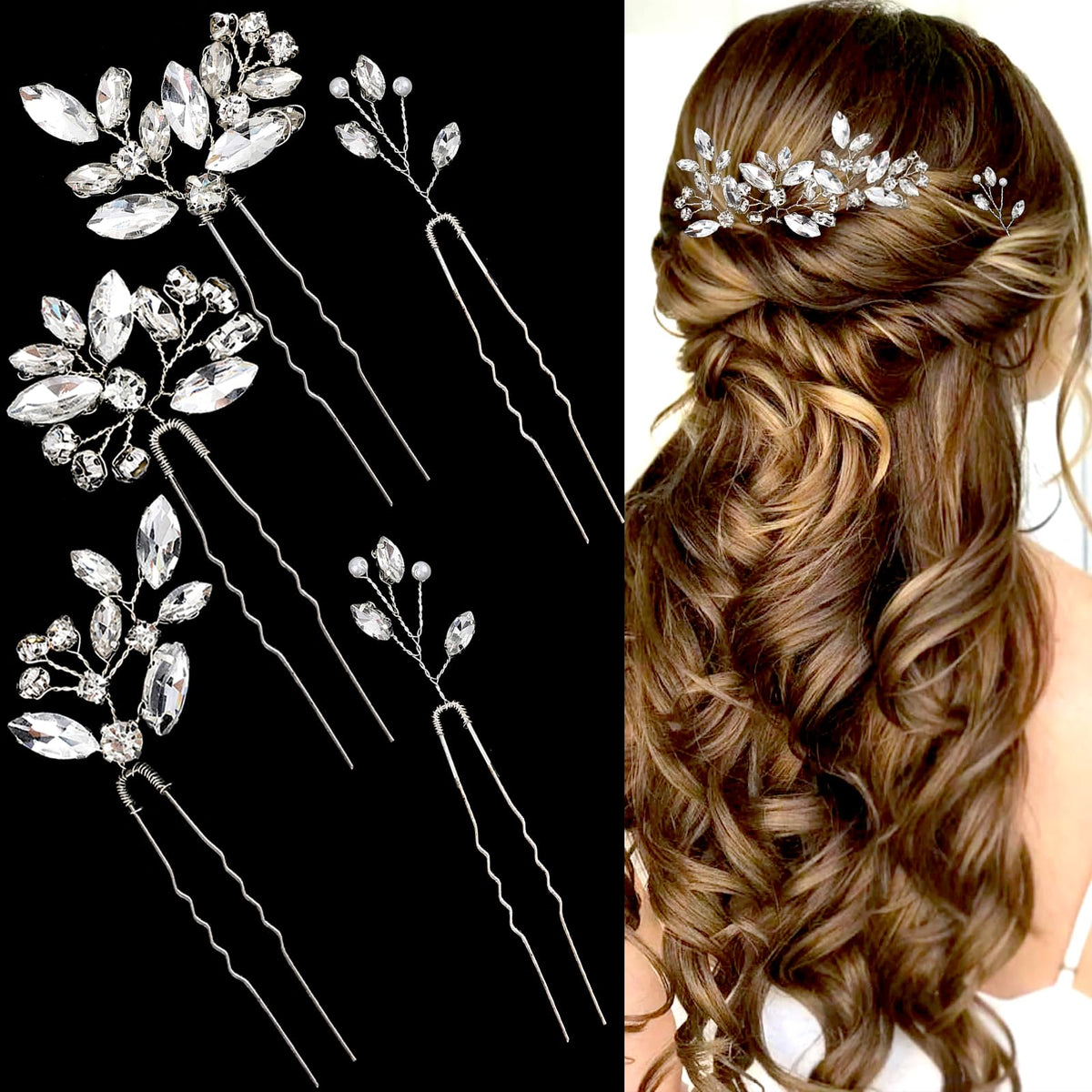 LAPOHI front view of five silver hair pins showing elegant bridal sparkle and easy styling