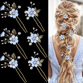 LAPOHI front view of six gold crystal pearl hair pins, elegant bridal accent